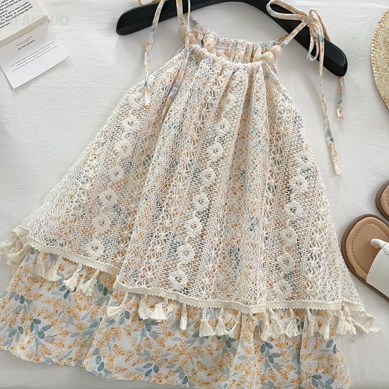 2-12Y Baby Girls Dress Summer Korean Girls Sweet Floral Suspenders Skirt Baby's Girl Cute Children's Lace Dress