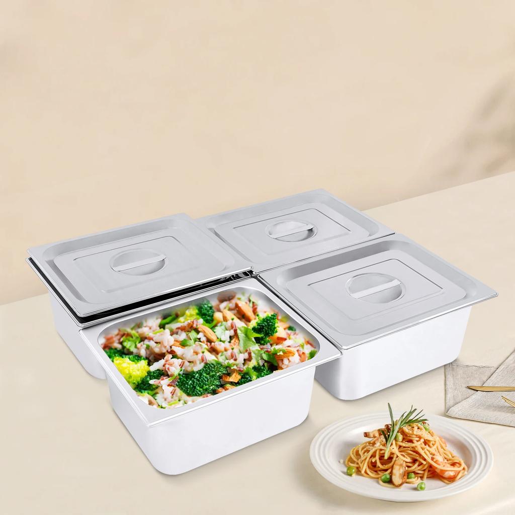 4pcs Stainless Steel Steam Hotel Pans for Buffet, Catering, 1/2 Size X 6" Deep, 7L Each Commercial Grade, Anti-Jam Design W/ Lid