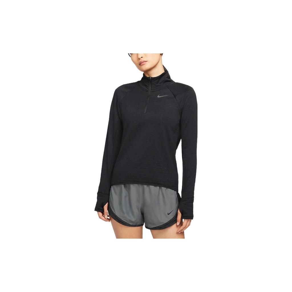 Nike Logo Print Sports Quick-Dry Running Casual Fleece Warm Half-Zip Stand Collar Long Sleeve Raglan T-Shirt Women Tops Black DD6800-010