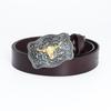Western Bull Head Belt with Smooth Buckle - Patterned Cowhide Leather Men's Belt