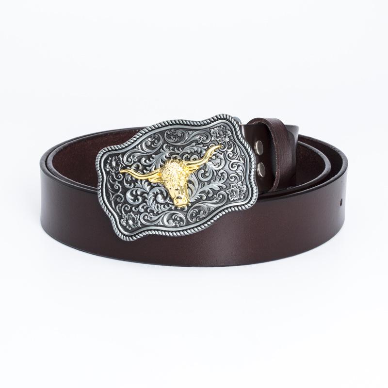 Western Bull Head Belt with Smooth Buckle - Patterned Cowhide Leather Men's Belt