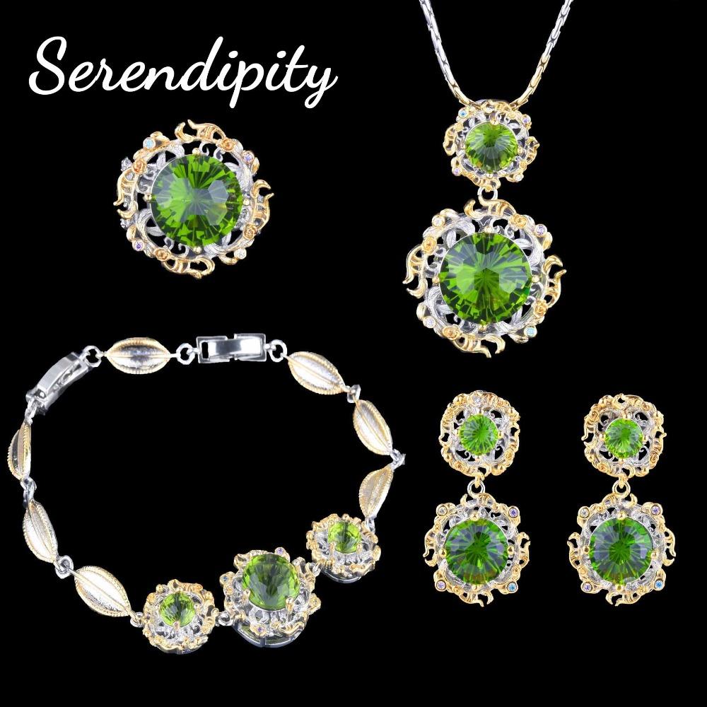 Elegant Women Jewelry Set Olive Green Gemstone Paraiba Pendant Open Ring Yellow Diamond Earrings and Bracelet