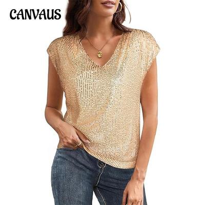 Women's V-neck Sequined Sleeveless Sparkly Tank Top for Women