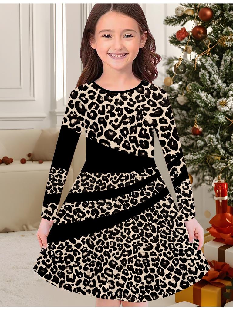 Girls' Autumn and Winter Fashion Dress, 3D Leopard Print Print  Round Neck Long Children's T-shirt Dress, Casual Versatile, Christmas Clothing