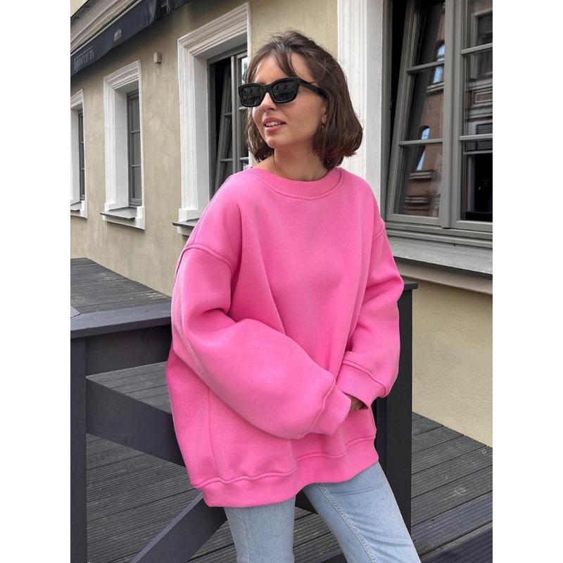 

Autumn Winter Round Neck Solid Color Casual Fashion Sweatshirt Women Loose All-match Pullover Top S розовый