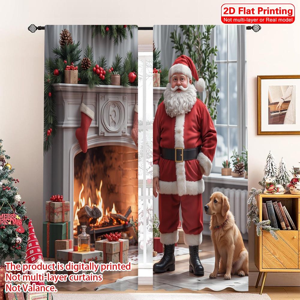 2pcs 2D flat printing Merry Christmas Popular Curtain Christmas Santa Cozy Fireplace Polyester Without Electricity Festive