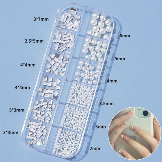 12Grids/Box Flat Back Nail Art Rhinestone 3D Effect Faux Pearl Style Round Glitters DIY Nail Rhinestones