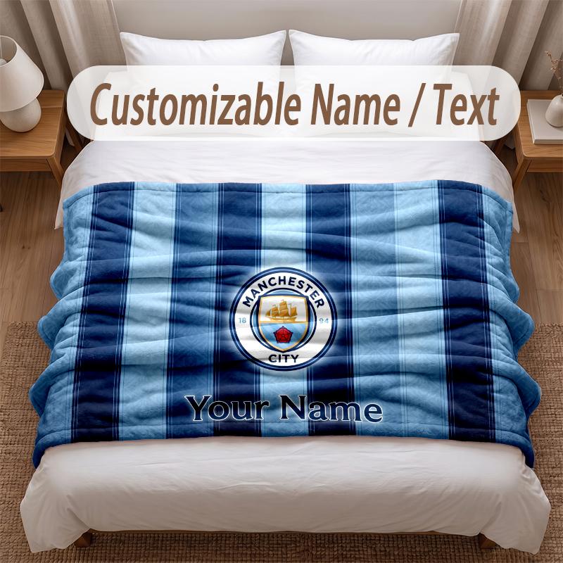 Manchester City Printed Flannel Blanket Custom Name Text Soft Warm Throw For Bedroom Holiday Gift