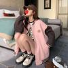 Women's Pink Retro College Style Baseball Jacket - Spring/Autumn Patchwork Casual Top