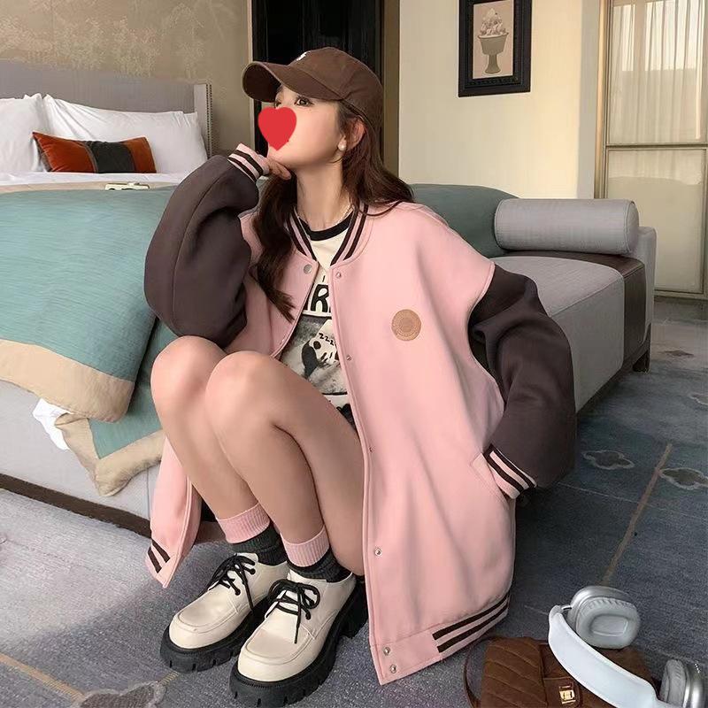 Women's Pink Retro College Style Baseball Jacket - Spring/Autumn Patchwork Casual Top