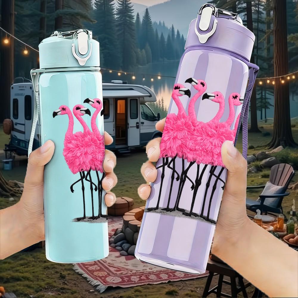 1PC Pink Flamingo Bird Tropical Print 750ml Color Plastic Sports Water Bottle Leakproof Flip Straw Lid Suitable for Sports Office Home Use