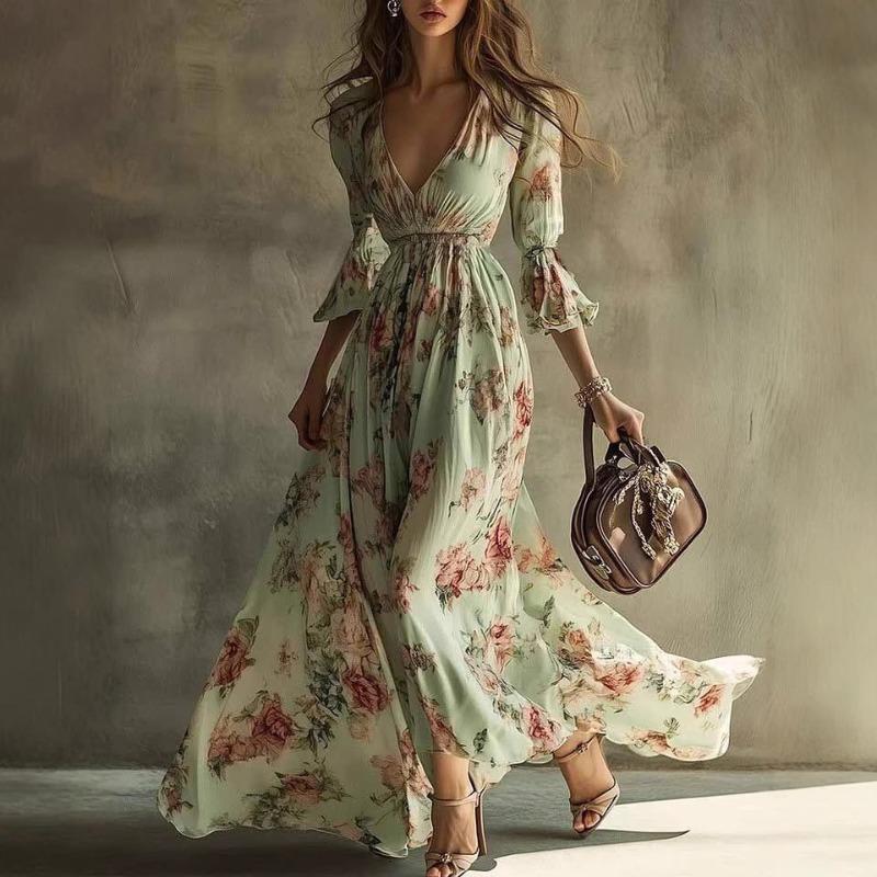 BITCED Fashion Summer Spring Long Sleeve V-Neck Casual Dresses S