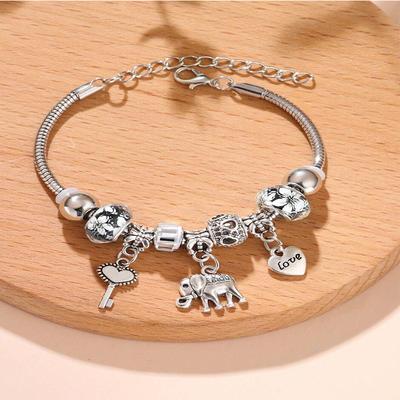 Handmade Beaded Bracelet With Heart Key And Elephant Pendant Crystal Beads Love Jewelry