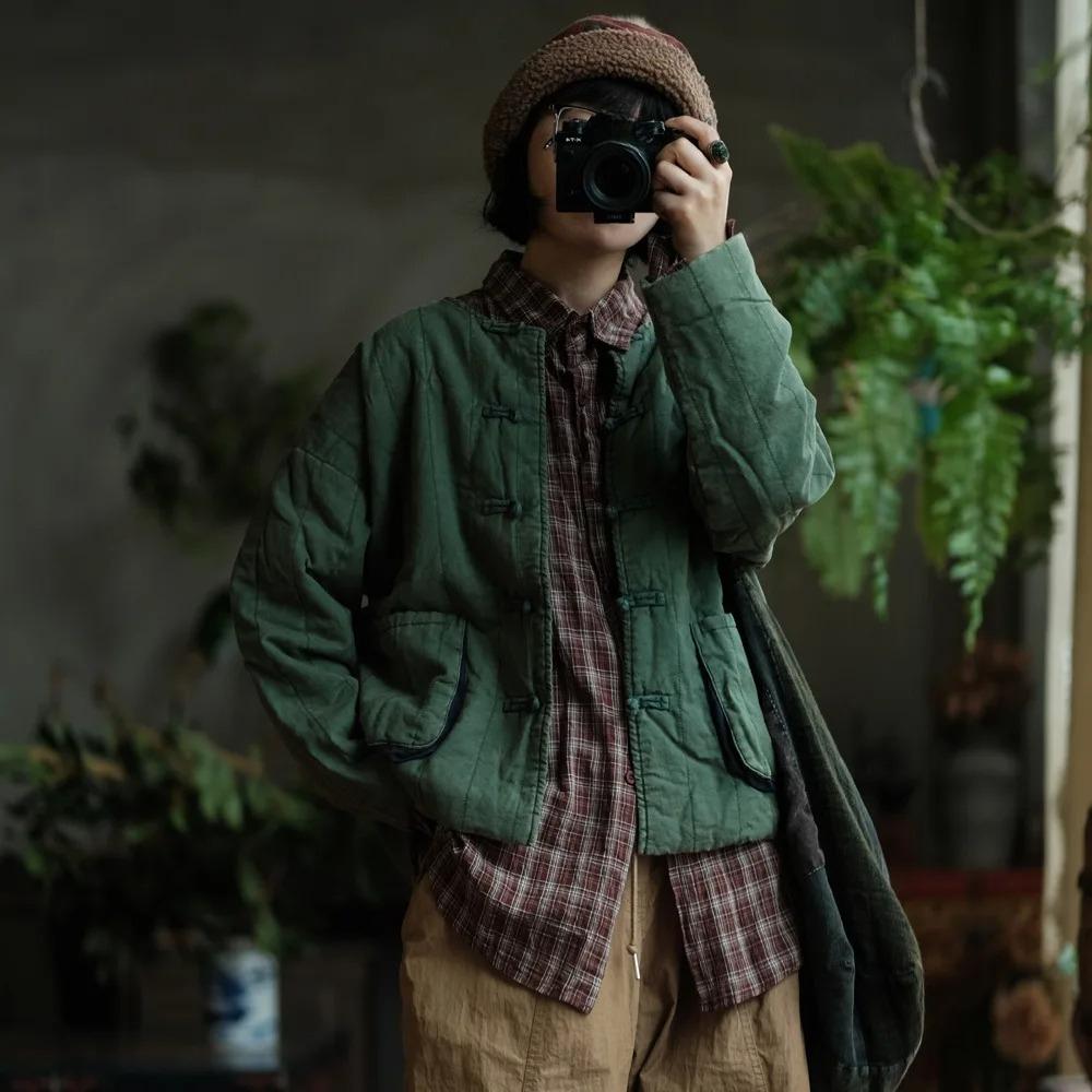 Johnature Women Vintage O-Neck Long Sleeve Autumn Coats Button Pockets Loose Warm Coats