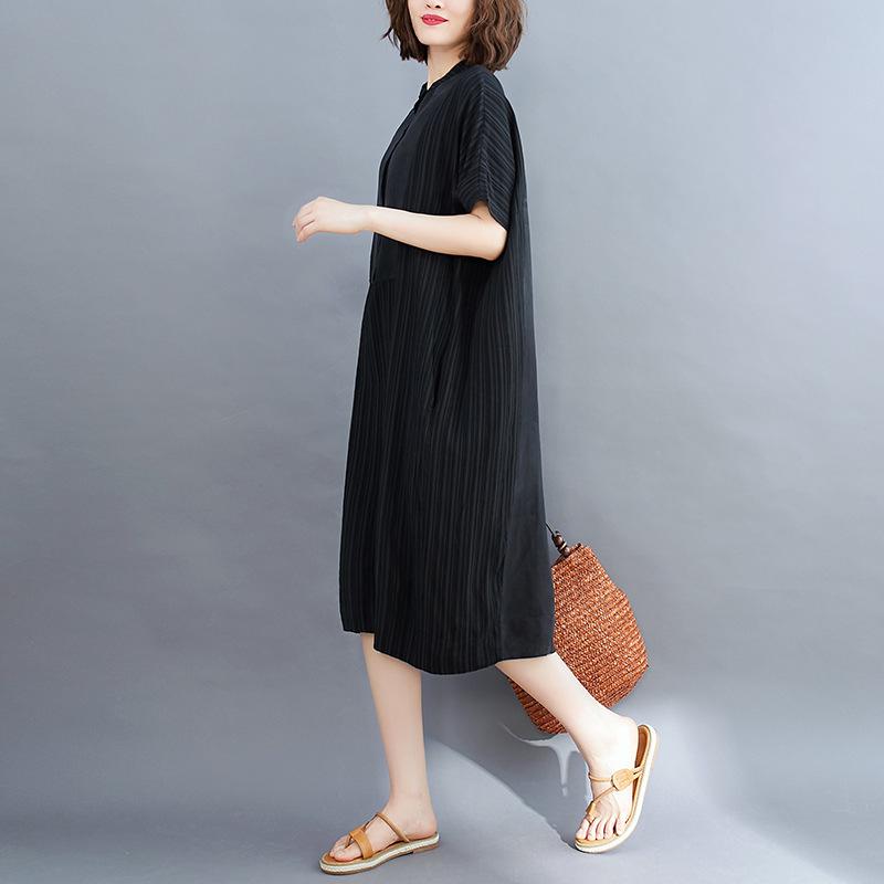 Summer Literature Plus Loose Fit Solid Color Round Neck Short Sleeved Mid Length Dress for Women