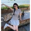 Summer New Retro Splicing Polo Neck Dress Slim Skinny Short Sleeve Fluffy Short Skirt Women
