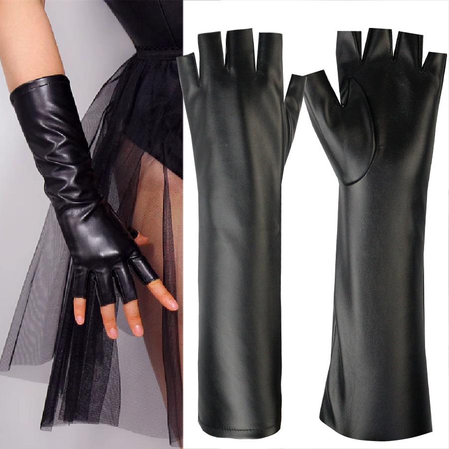 Extended Leather Gloves Women's Half Finger Thin Fleece Windproof Warm Wind Fashion Design Outdoor Fur Gloves