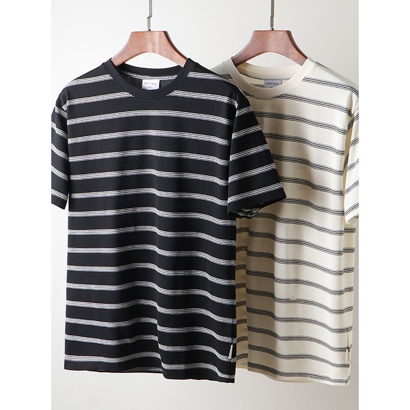 American vintage round Neck Knitted Stripes Short sleeve T-shirt Men's Summer Base Foreign Trade Export to Domestic Sales Men's T-shirt