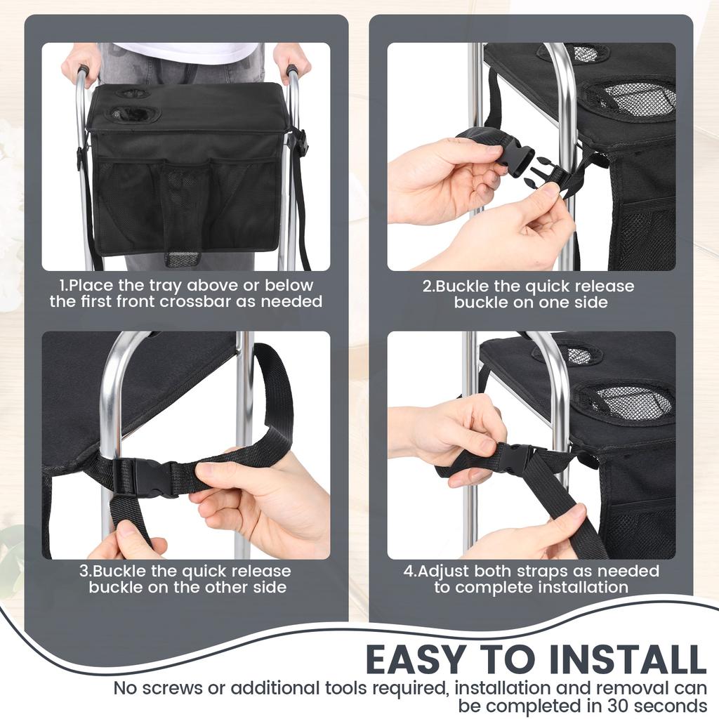 Folding Walker Tray Multi Pocket Rollator Storage Bag with Cup Holder and Nonslip Mat Practical Walker Accessories for Elderly