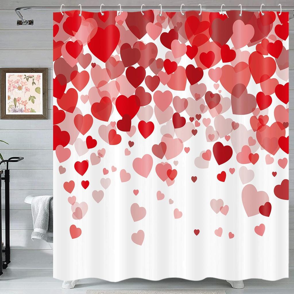 Valentines Day Shower Curtain for Bathroom, Red Hearts Romantic Pink and Red Hearts Bathroom Decor Shower Curtain Sets, Polyester Fabric Shower