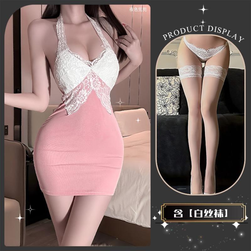 Chaomu Erotic Underwear Temperament Sexy Pure Desire Low Neck Hip Skirt Suspender Dress Lace Splicing Qqny