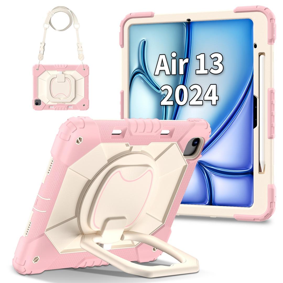 

Для Apple iPad Air 13 (2024)/ iPad Air 13 дюймов (M2). Вращающаяся на 360° рукоятка, прочная защитная подставка TPU+PC 3 в 1, противоударный чехол для планшета и ПК iPad Air 13 (2024) розовый