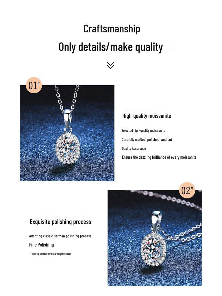 Moissanite Pendant Necklace: Sterling Silver s925, White Gold Plated, Pigeon Egg Shape, D Color, Simple Design for Women.