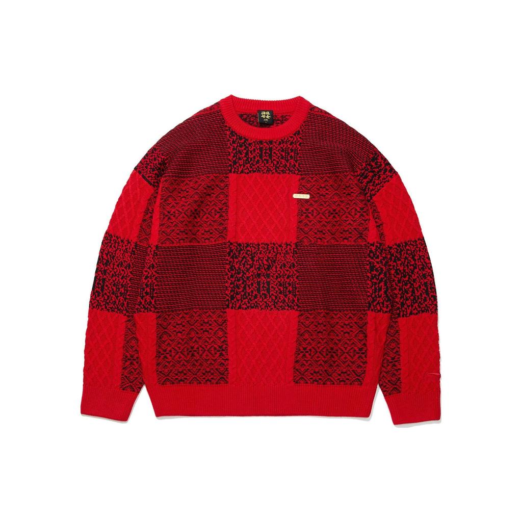 Li Ning Plaid Pattern Knitted Round Neck Long Sleeve Sweater Unisex sweater Red AMBT001-1