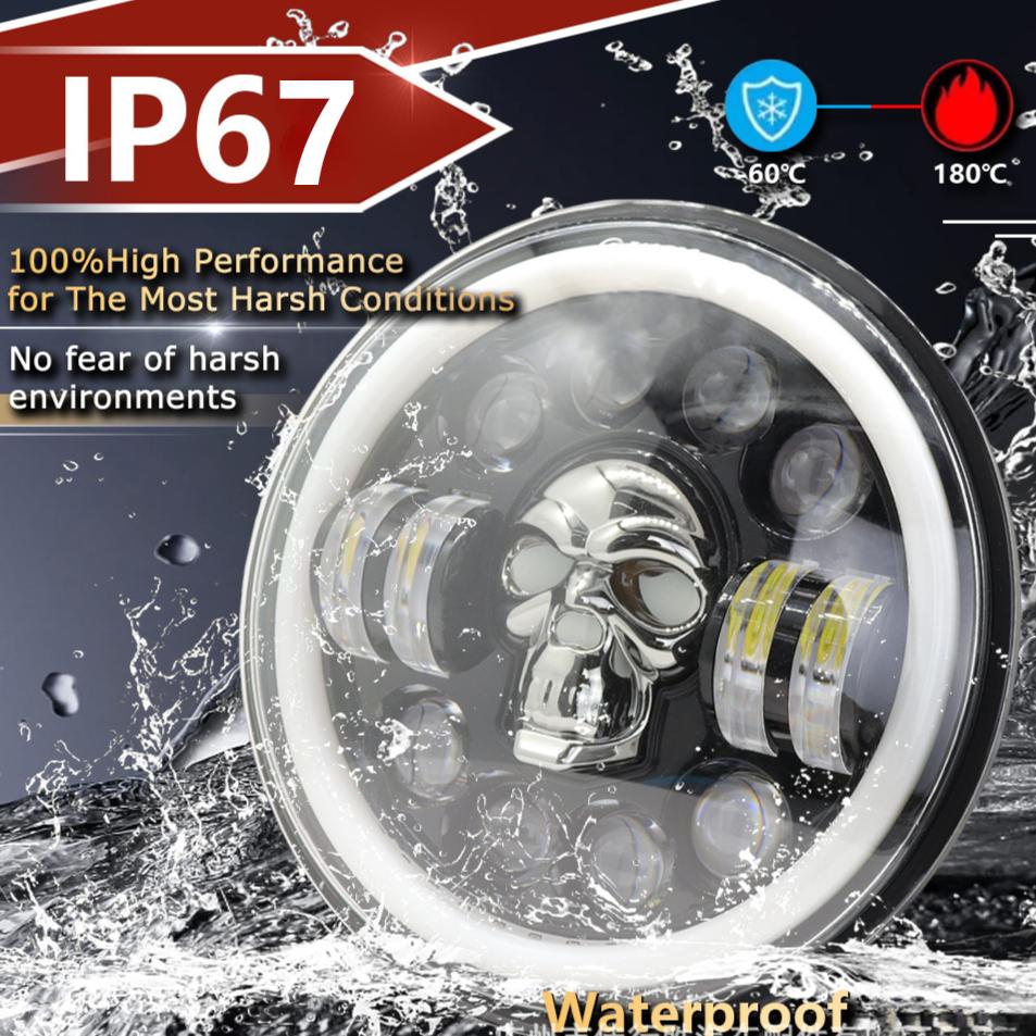 Skull Pattern 7in LED Motorcycle Headlamp 9-36V Hardwired Motor Vehicle Headlight for Modification Accessories