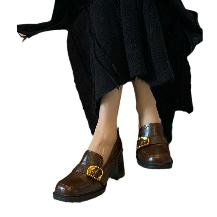 Lan Cabinet 2025 New Retro Square Head Thick Heel One Pedal Loafers High Heel Small Leather Shoes Women's British Style Shoes