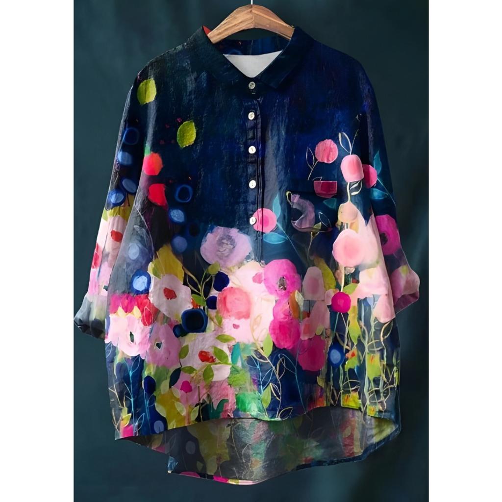 Women's Turn Down Collar Long Sleeve Floral Print Shirt Loose Fit Elegant Casual Blouse