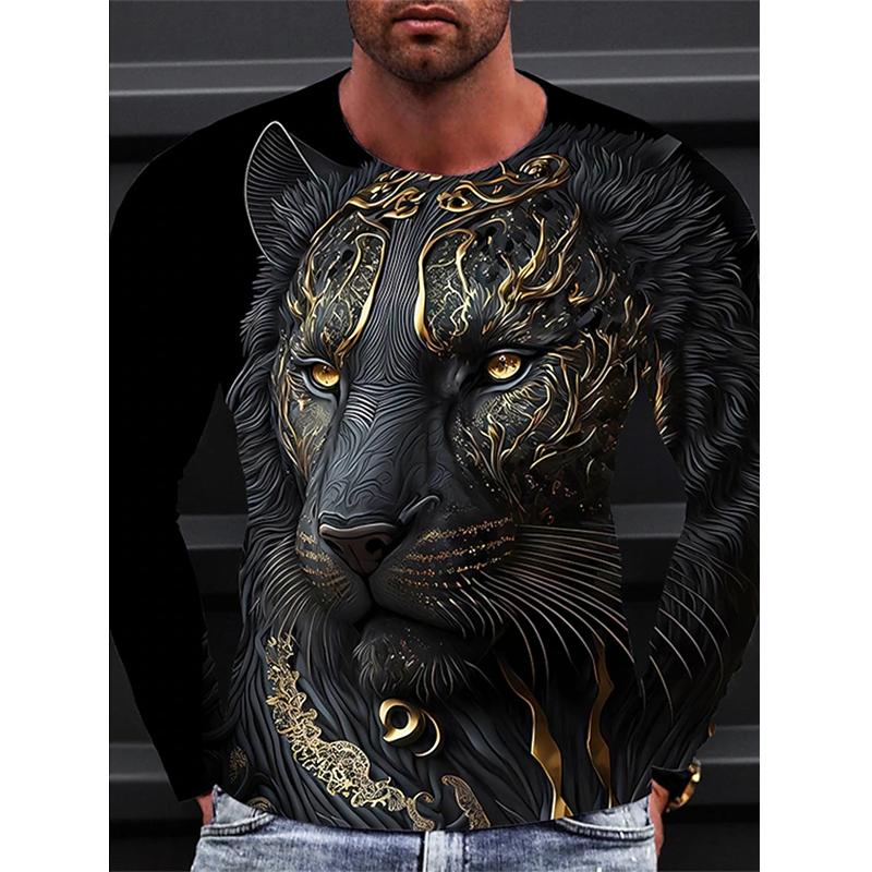 Men Long Sleeve Crewneck Print Fierce Animal Pattern Y2K Fashion Men's Shirt Long Sleeve Street Retro Style Men's Wear
