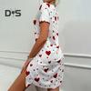 Lady Nightdress Contrast Color Heart Printing Shirring Edge Bow Decor Slit Hem Loose Short Sleeves Bedroom Dress Summer Sleepwear