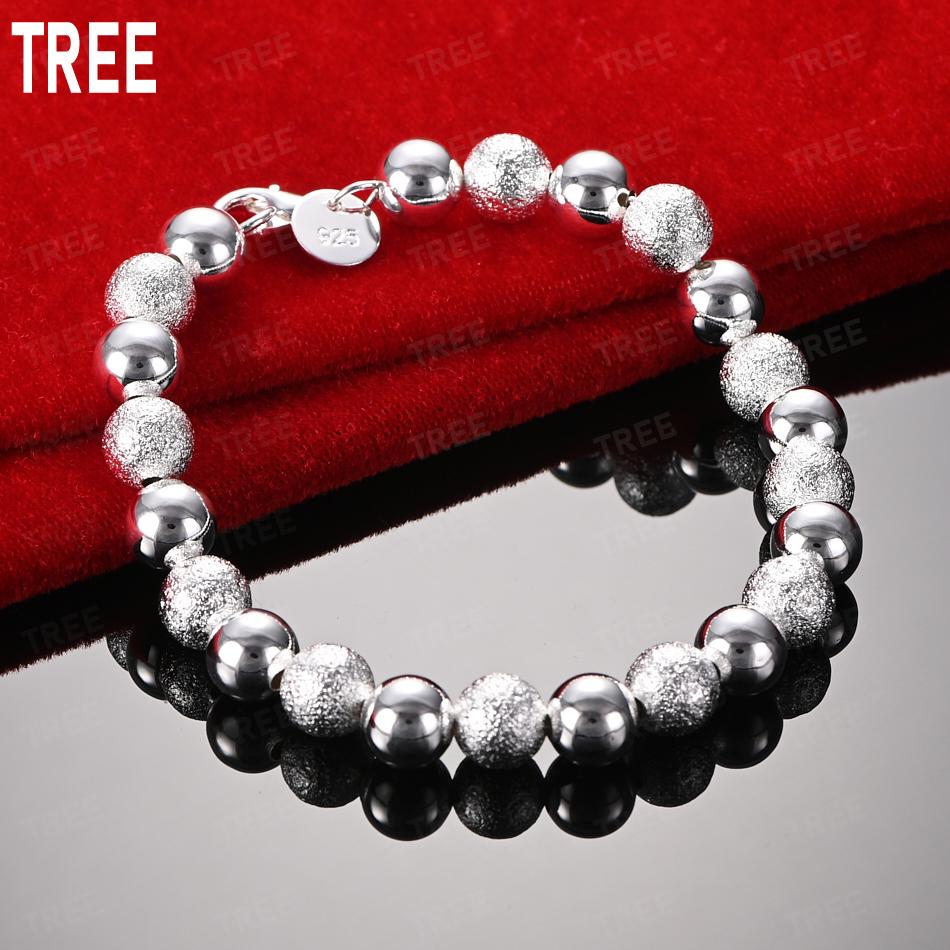925 Sterling Silver 8mm Polished Beads Antique Bead Side Chain Beautiful Bracelet Gift Jewelry 20CM