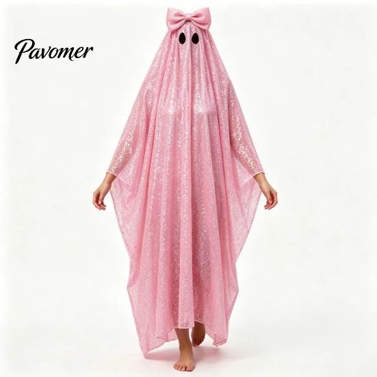 White Ghost Poncho Sequin Cape for Women, Cute Halloween Costume Cloak with Holiday Cosplay Bows, Lightweight Mesh Pullover Robe Party Photoshoot
