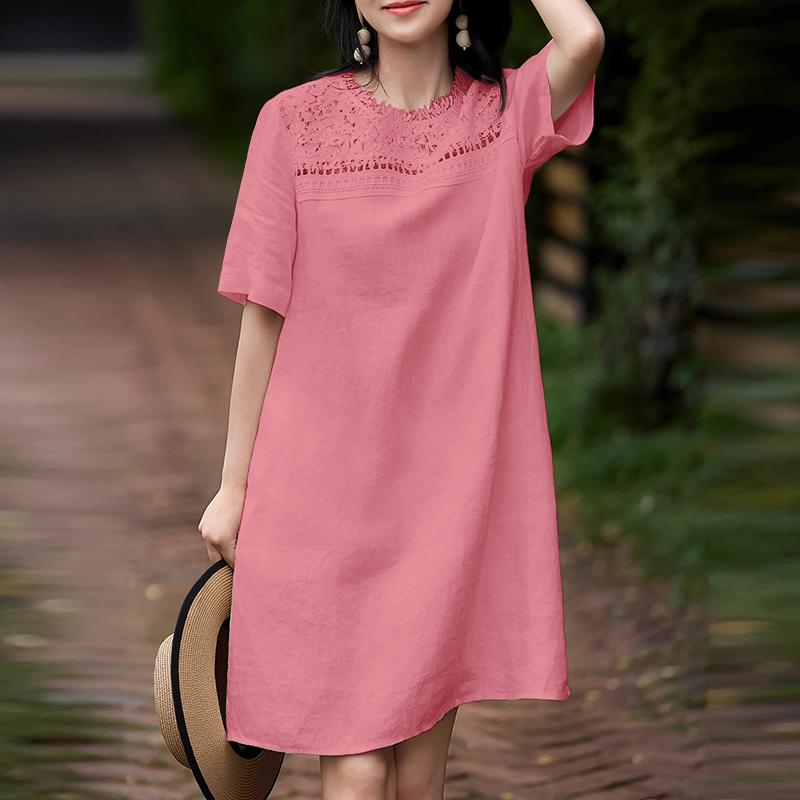 ZANZEA Abito Tunica Casual Vintage da Donna con Scollo Rotondo e Maniche Corte con Patchwork di Pizzo