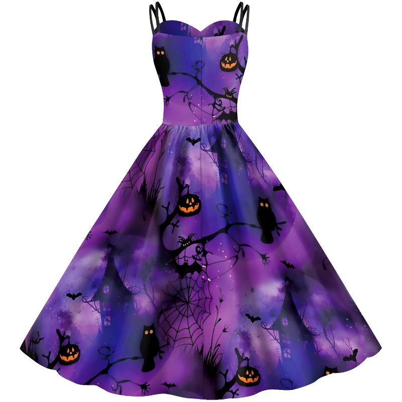 Halloween Dress Girl, Suspender Bat Pumpkin Digital Print Dress
