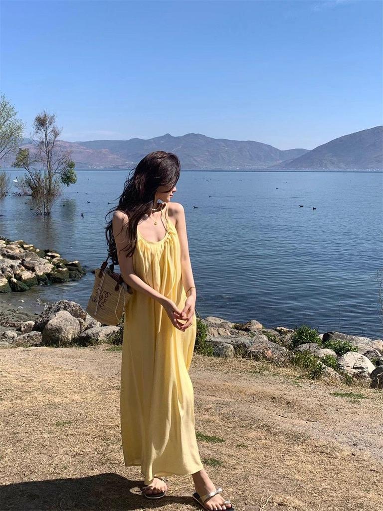 Yellow Spaghetti Strap Women's A-line Beach Dress - Summer Style, Age-Reducing, Loose Fit, Vacation Ready