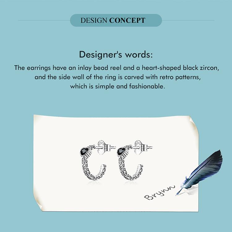 Bisaer 925 Sterling Silver Vintage Heart-shaped Black Zircon Earrings for Women Birthday Gift Fine Jewerly