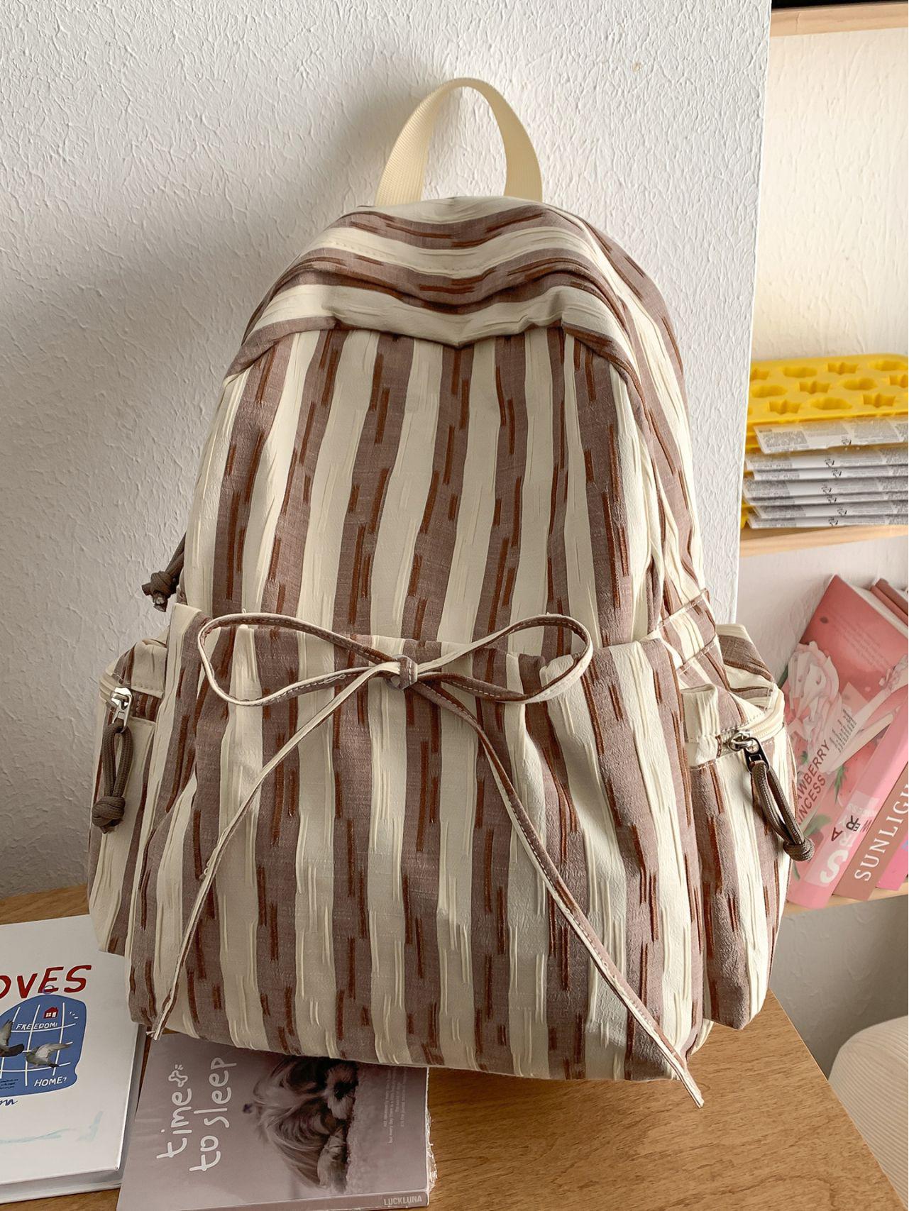 

Artistic Striped School Backpack for Girls - Trendy, Ins Style, Niche Design, Versatile, Simple, Large Capacity Without Keychain хаки