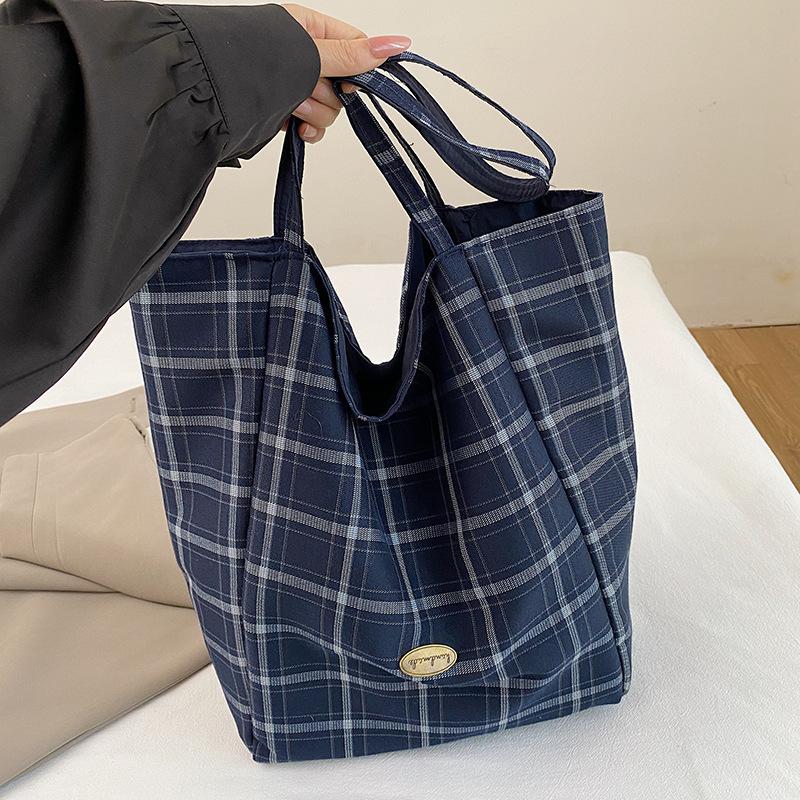 Casual relaxation large-capacity bag women's 2025 new autumn and winter canvas plaid shoulder bag double-sided tote bag