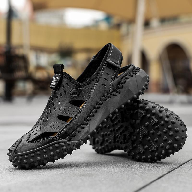 Kvėpuojantys, minkšti vyriški, natūralios odos rankiniu būdu susiuvami sandalai