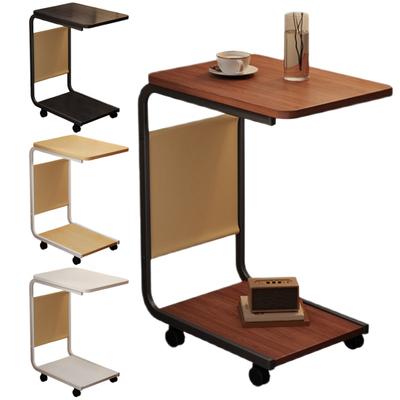 2-Tier C-shaped Side Table Rolling Small Coffee Table with Wooden Tabletop Metal Frame Living Room Bedroom Corner Nightstand Desk with Wheels