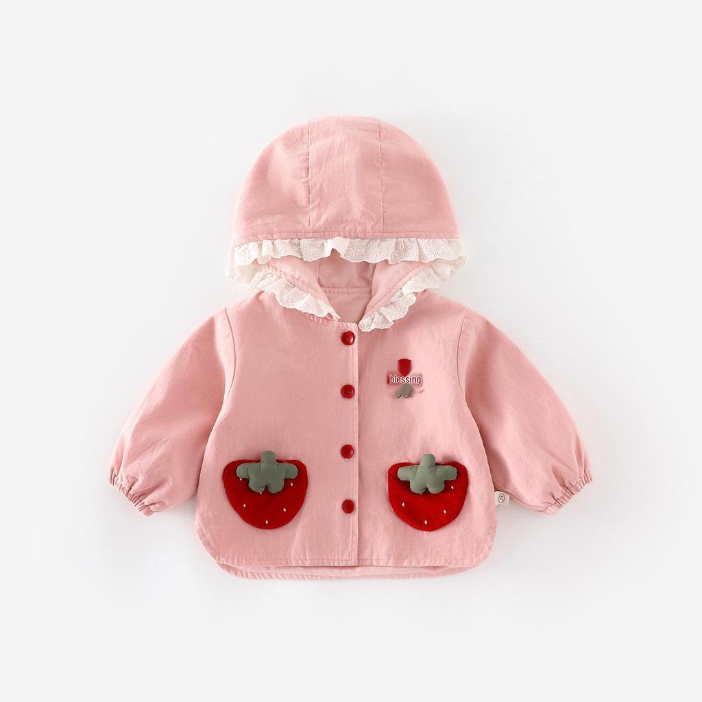 Girls' Super Cute Strawberry Hooded Jacket - Autumn 2025 Lace Cartoon Top