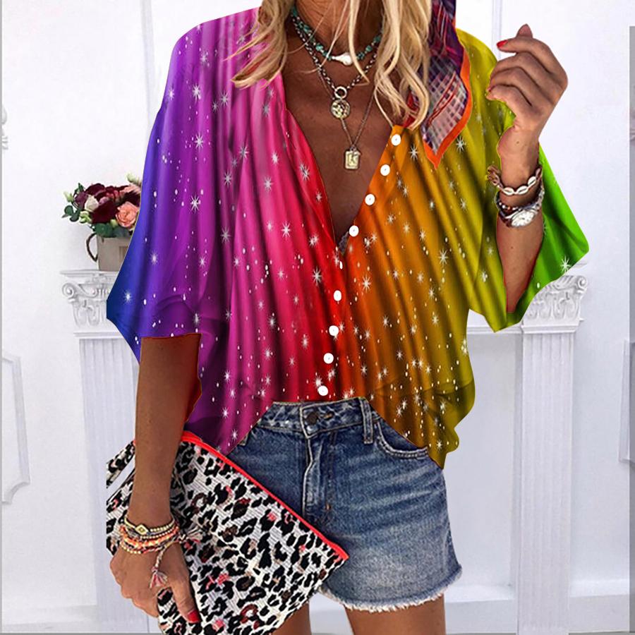 

2023 Summer Autumn New Fashion Women s Tops Multi-color Curved Starry Sky Printed Half Sleeve Casual Plus Size Button-down Shirt with Bubble Sleeves