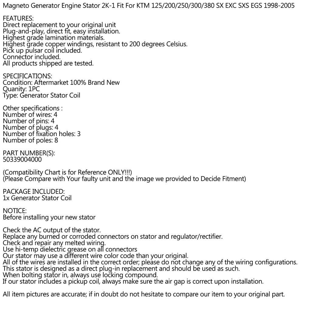 Stator Magneto Fit for 50339004000 *2K-1 Version 125 200 300 380 EGS EXC SX