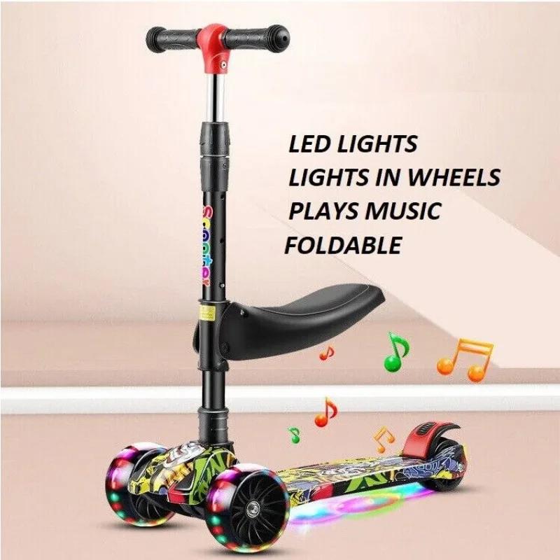 3 Wheeled Scooter With Wheel Lights For Kids 2-In-1 Sit/Stand Child Toddlers Toy Kick Scooters Flip-Out Seat Adjustable Height