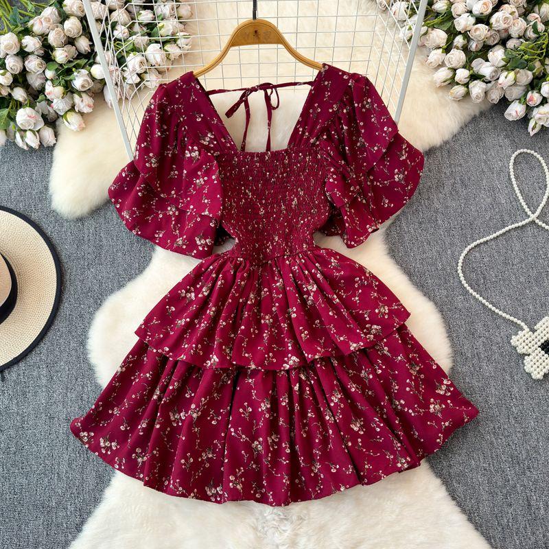 

Design Summer Ruffle Sleeve Retro Pleated Floral Skirt Red Print One size