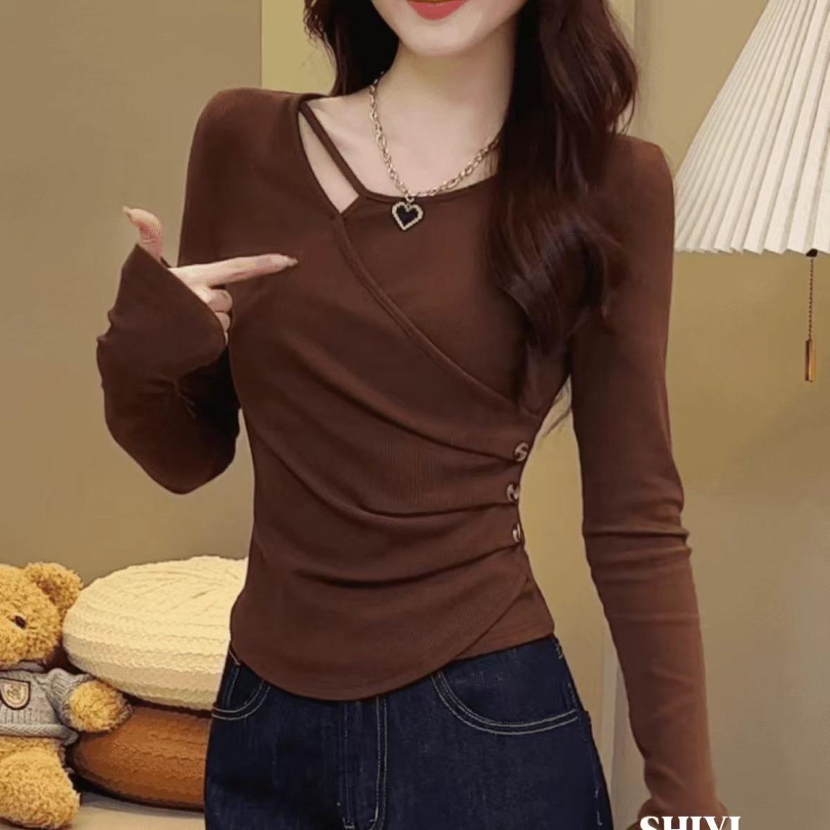 

Plus Size Women s Double-sided Ribbed Knit Long Sleeve T-shirt, Fall Slimming Cute Casual Basic Top 3XL темно-коричневого кольору