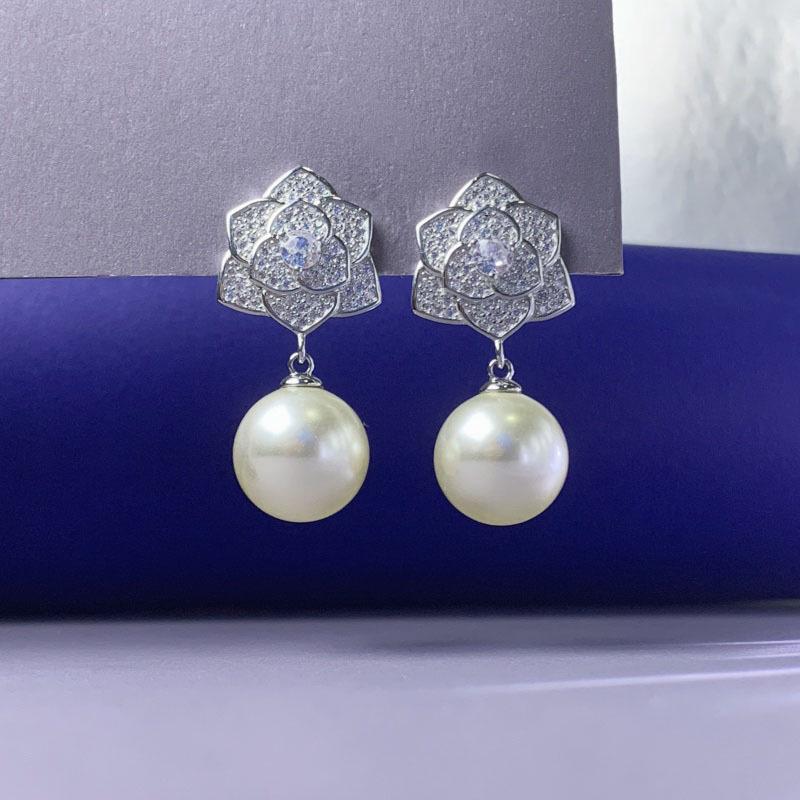 S925 Silver Needle White Copper Camellia Pearl Earrings